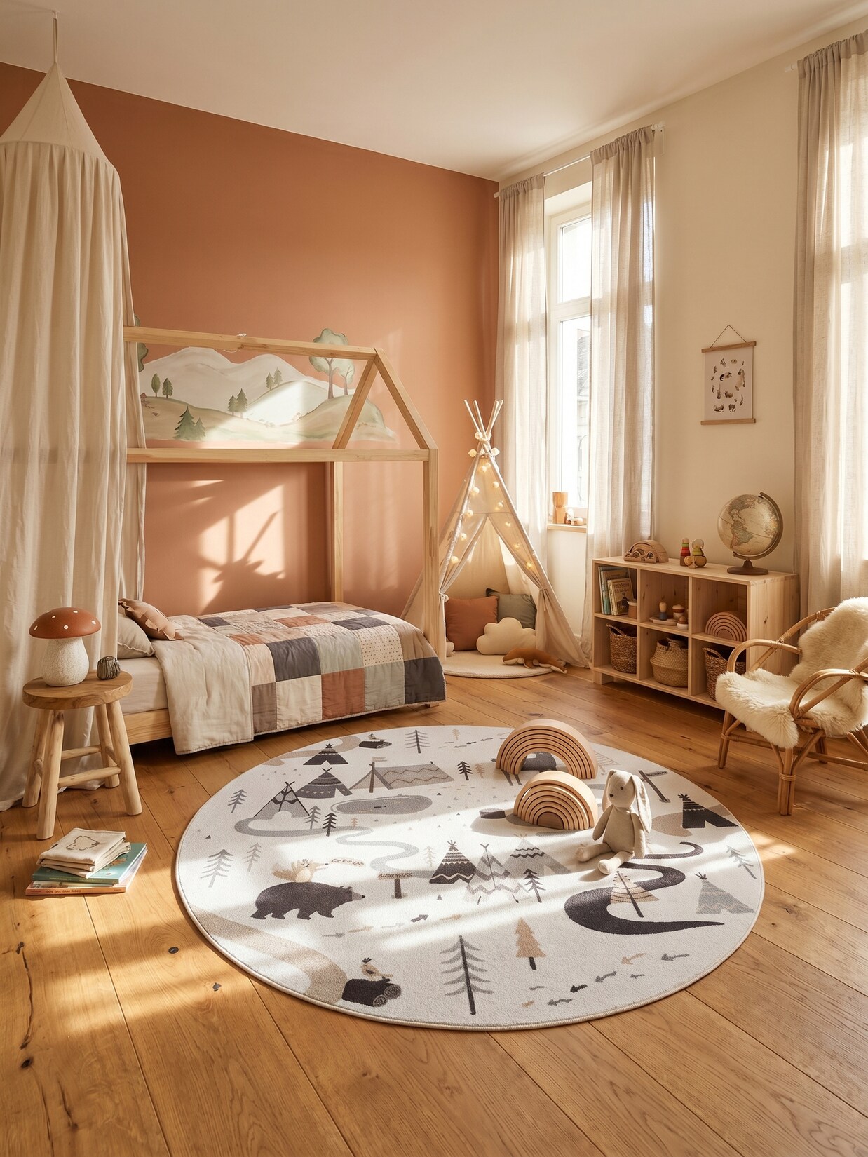 Kinderteppich Waldabenteuer mit Tieren Creme 200x200 cm Waschbar