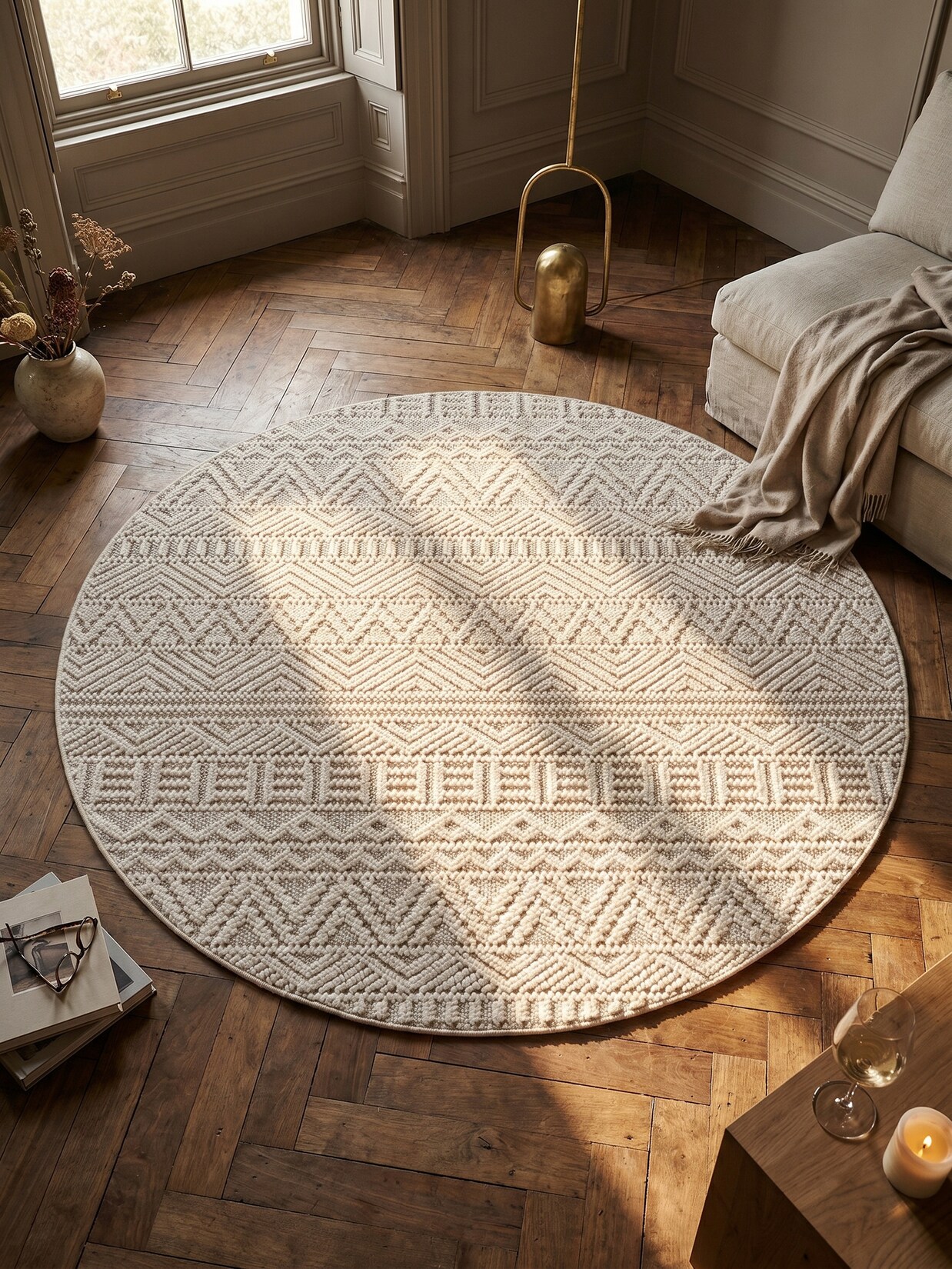 Flachgewebe-Teppich Ethno Creme 80x80 cm Ethno-Streifen