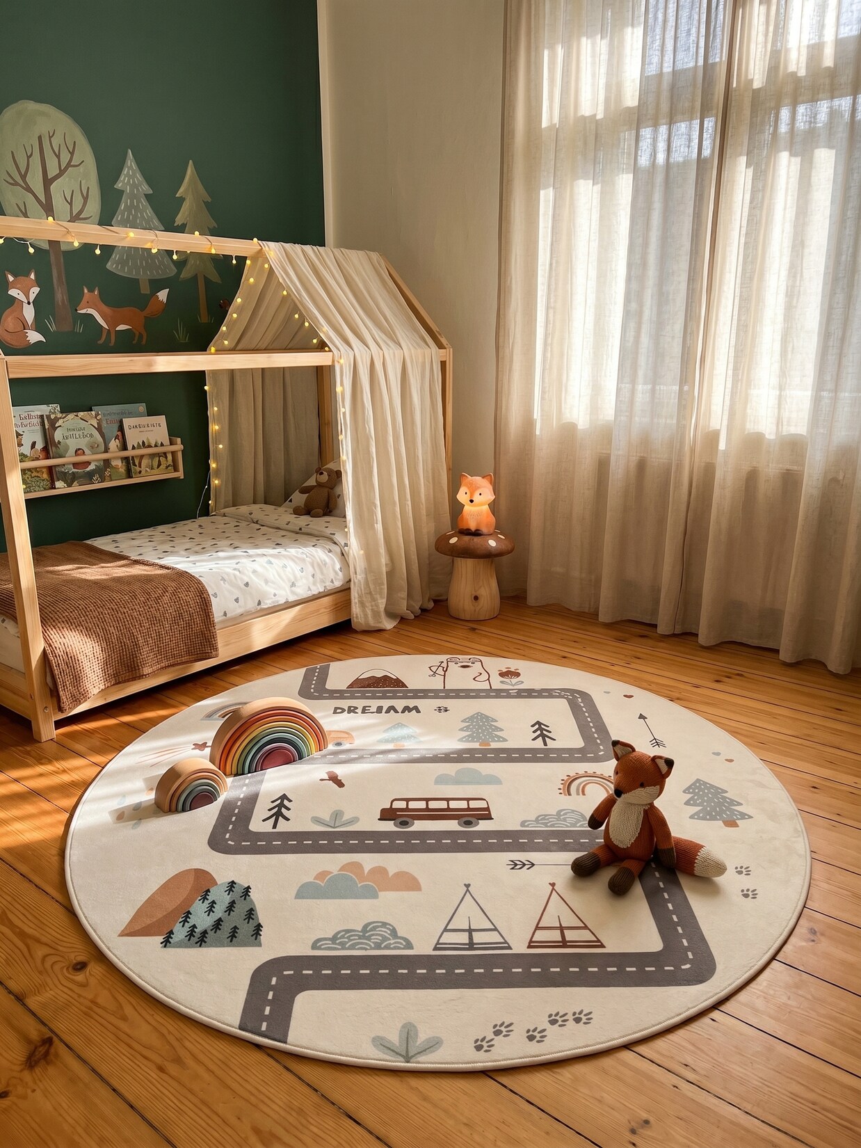 Kinderteppich Straßenkarte Abenteuer Creme 120x120 cm Waschbar