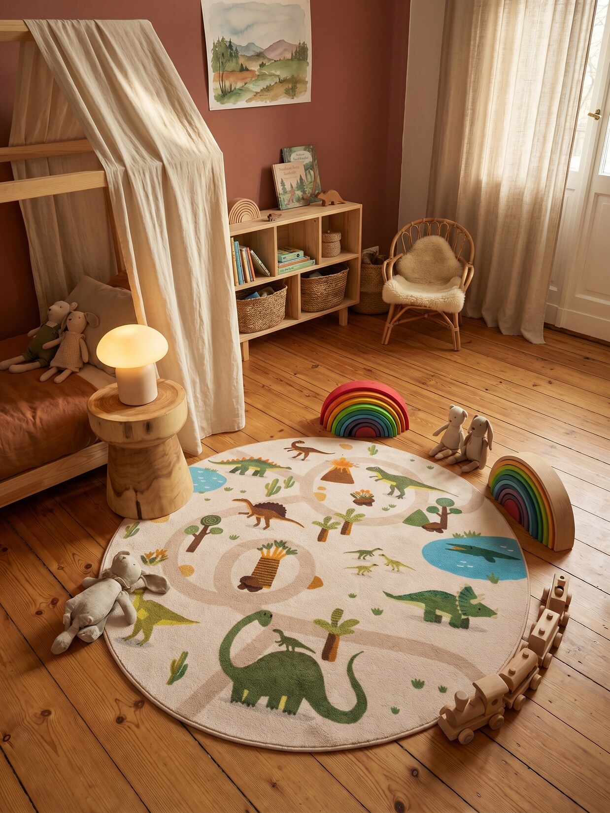 Kinderteppich Dinosaurier-Landschaft Beige 120x120 cm Waschbar