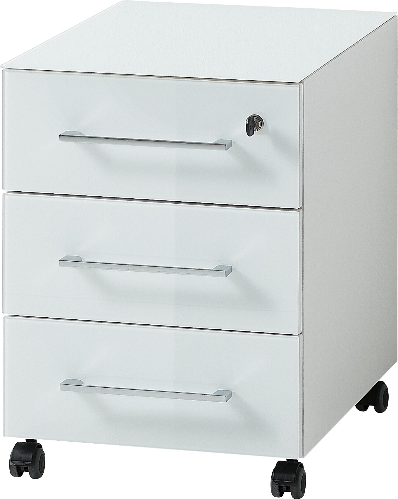 Rollcontainer 40x50x55 cm | 3 Schubladen Soft-Close & Abschlie&szlig;bar | Glasfront ESG Wei&szlig; | Made in Germany | Serie "Munchen" Kadima Design 