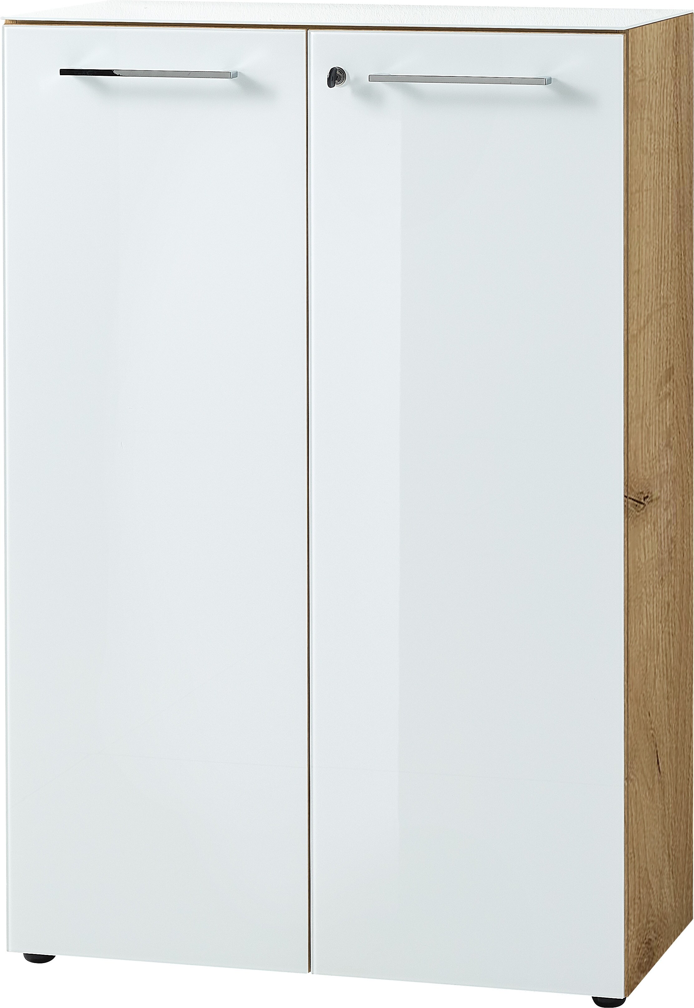 Aktenschrank Abschlie&szlig;bar | 80x120x37 cm | Glasfront ESG Soft-Close | B&uuml;roschrank Chalet-Eiche-Nb./Wei&szlig; | Made in Germany Kadima Design 