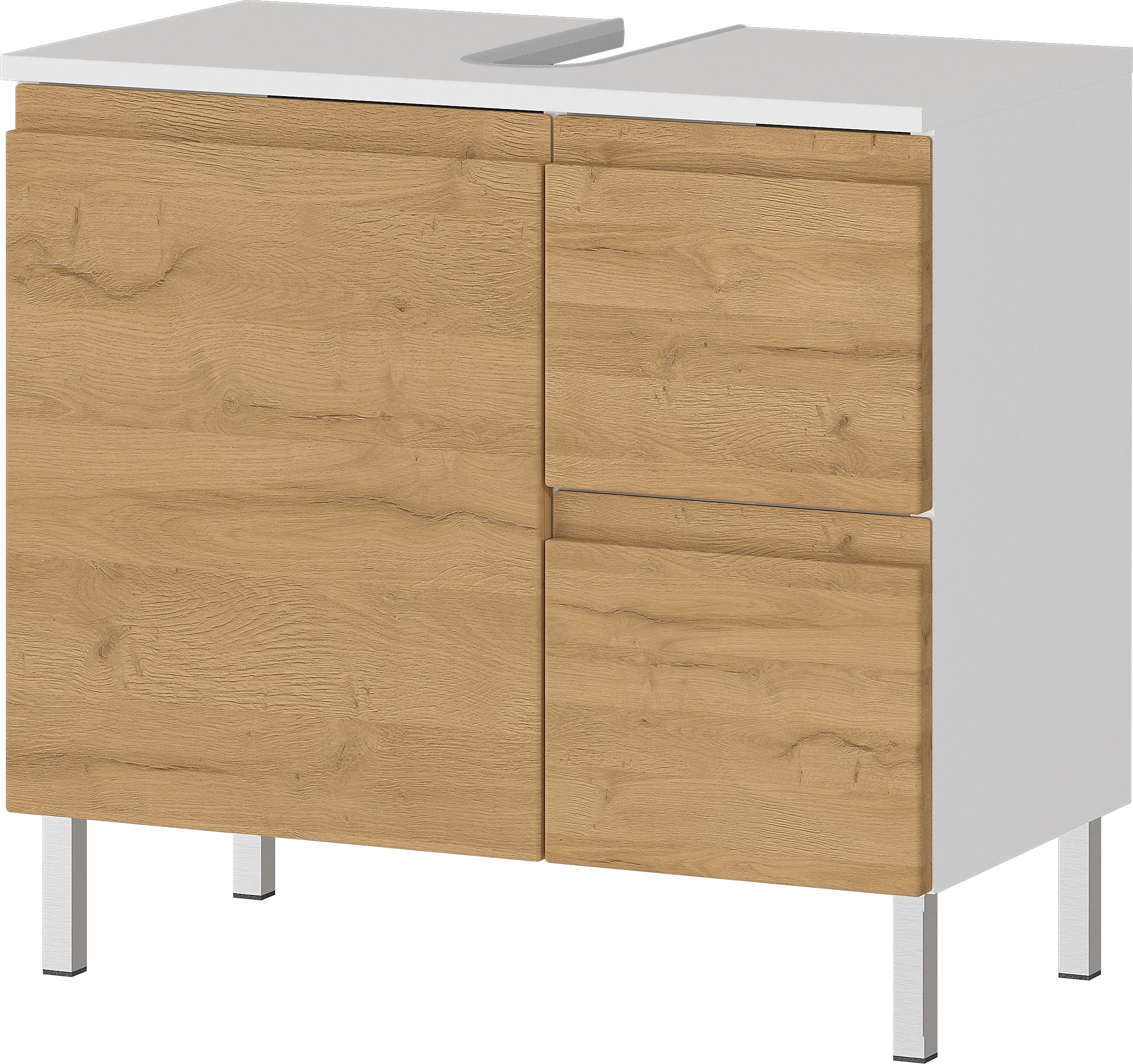 WB-Unterschrank "Veer" 60x34x56 in Wei&szlig; und Grandson-Eiche mit Chromf&uuml;&szlig;en, mit Stauraum | Kadima Design 