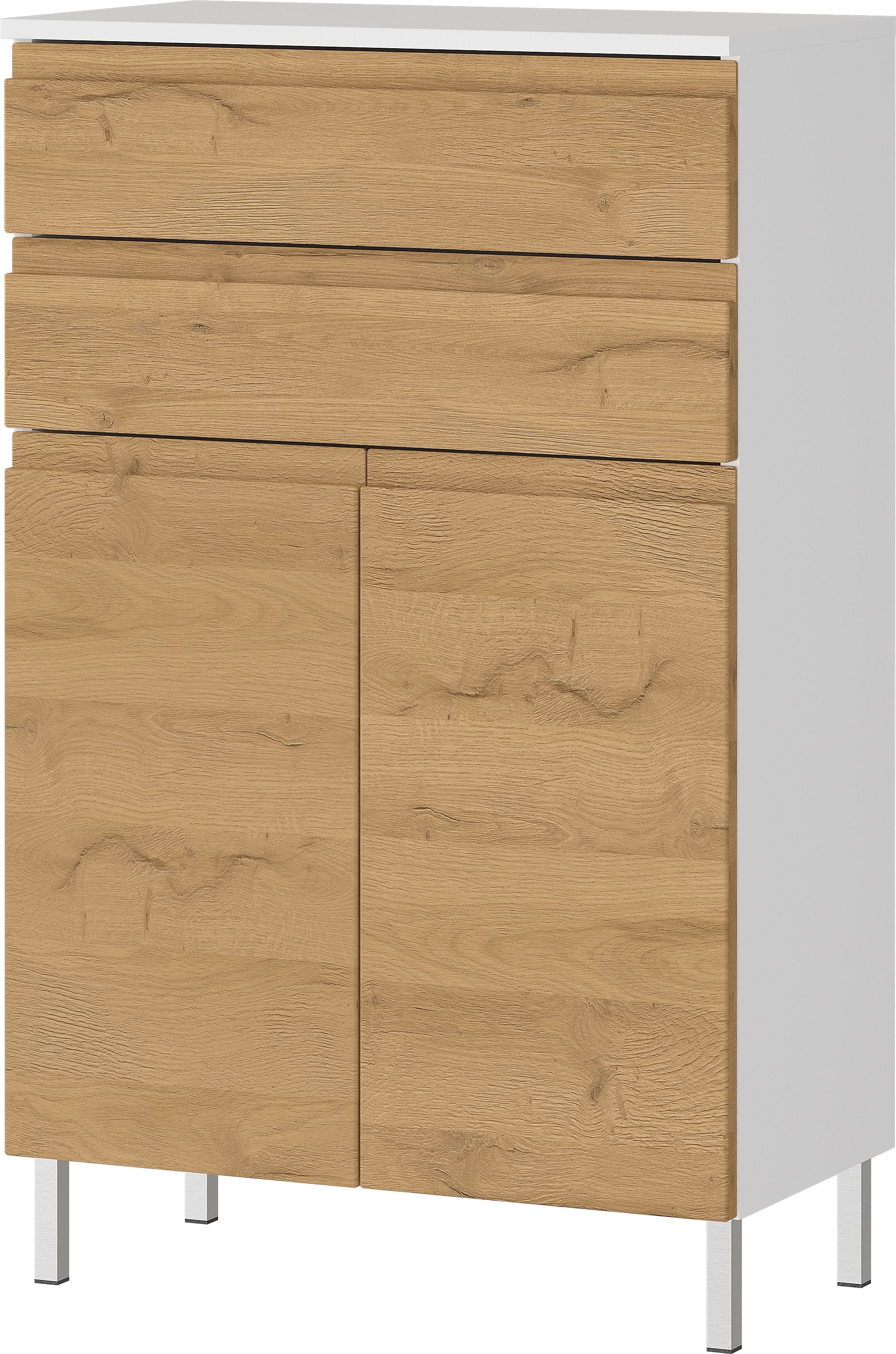 Stauraumkommode, Badschrank mit Schubladen, 60x34x97, in Wei&szlig; und Grandson-Eiche, Chromf&uuml;&szlig;e, Grifflose, "Veer"-Serie | Kadima Design 