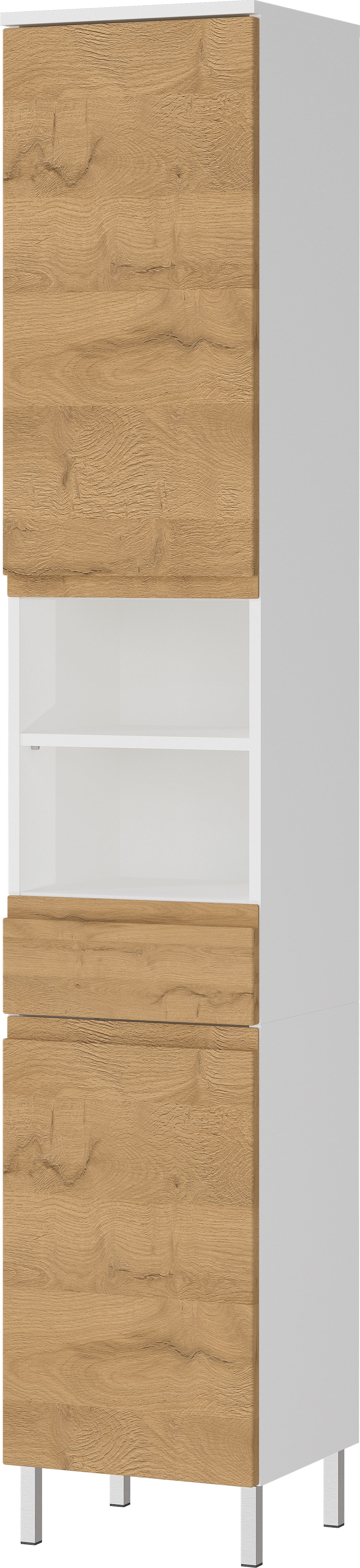 Hochschrank mit einstellbaren F&auml;chern und Schublade, 34x34x190, in Wei&szlig; und Grandson-Eiche, mit Chromf&uuml;&szlig;en, verstellbare B&ouml;den, "Veer" | Kadima Design 