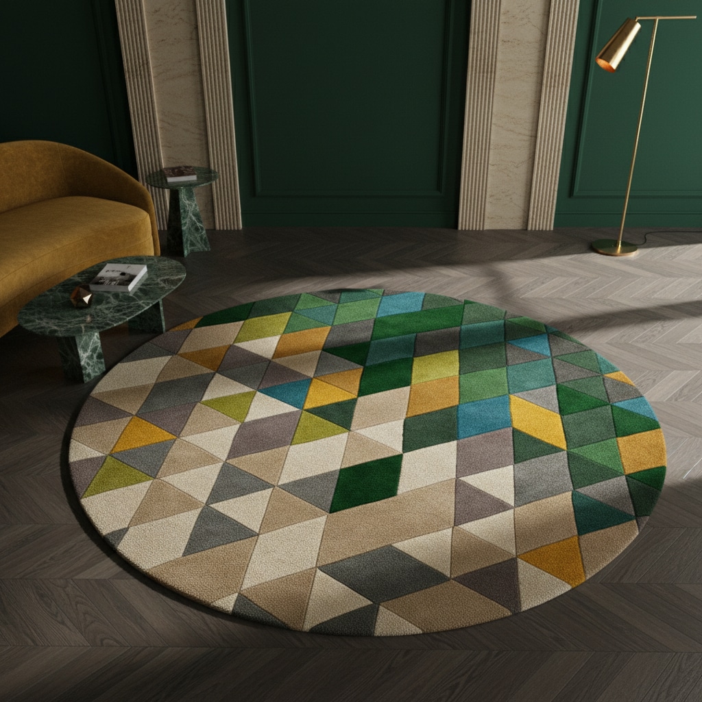 Wollteppich geometrisch Grün-Bunt Ø160 cm - DERWENT Kadima Design