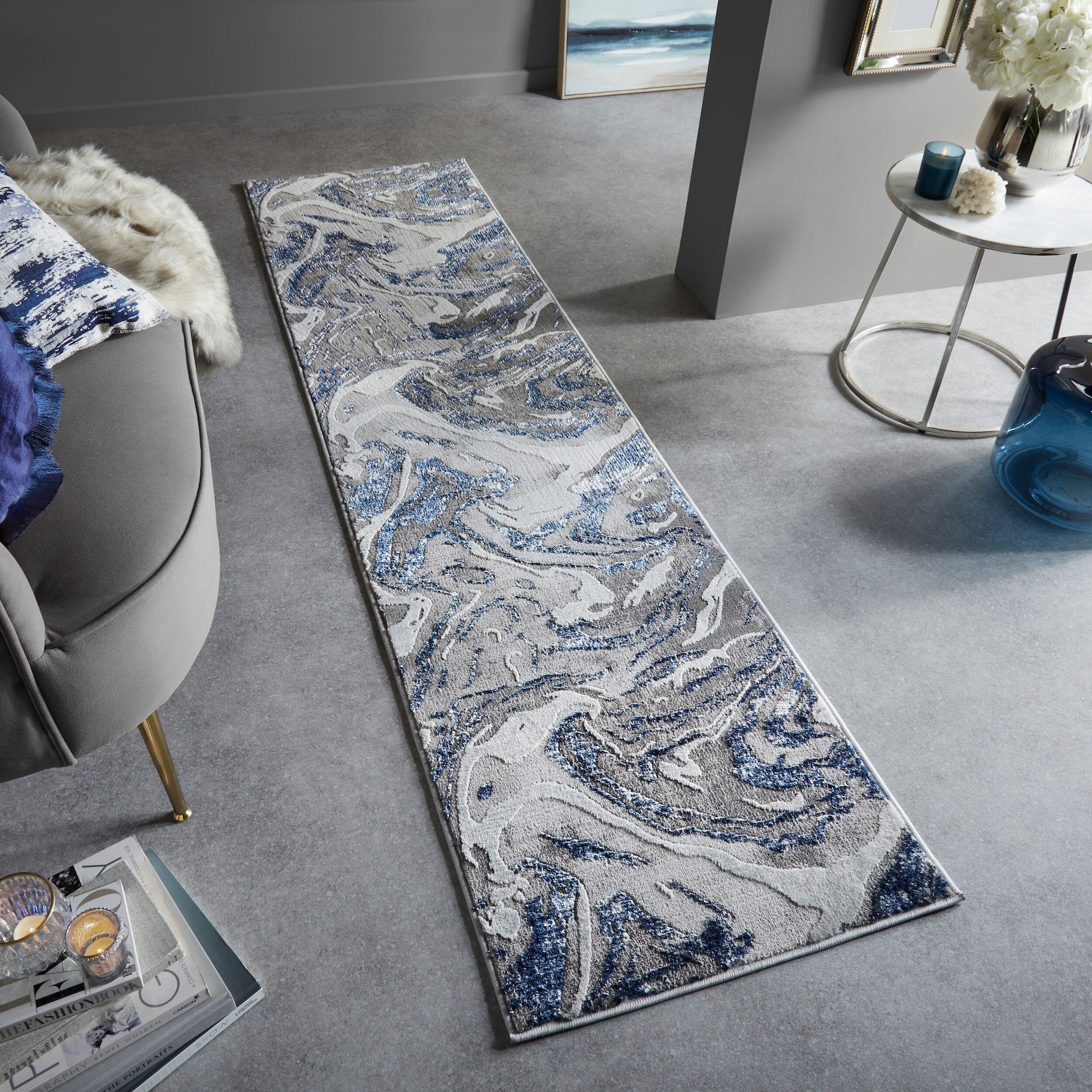 Läufer abstrakt Blau-Grau 80 x 300 cm - OUSE Kadima Design