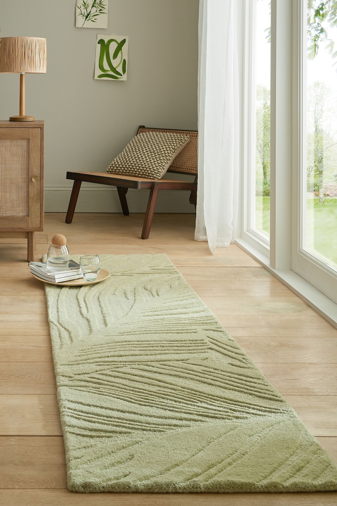 Läufer Wolle Grün-Beige 60 x 230 cm - LEVEN Kadima Design