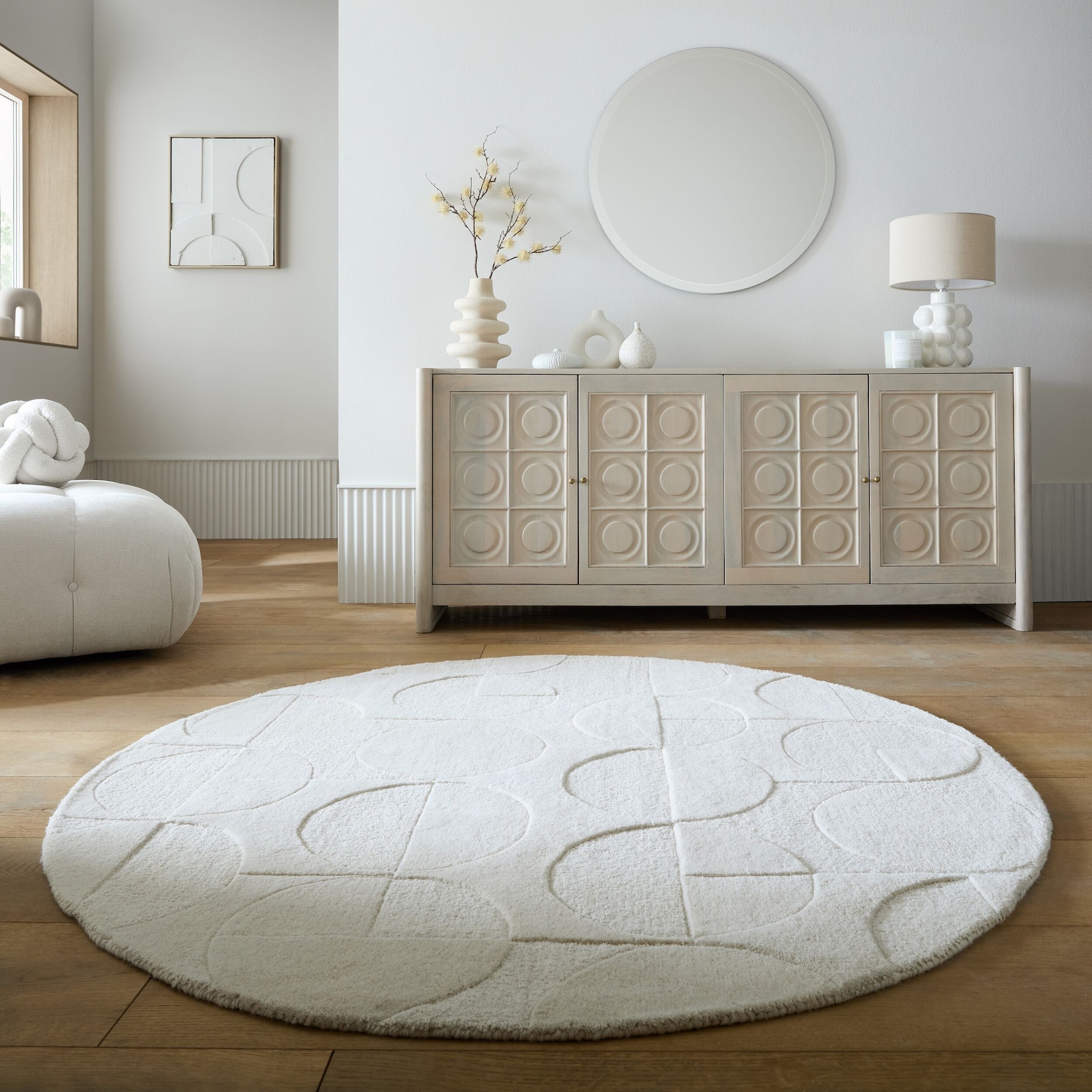 Wollteppich geometrisch Elfenbein Ø160 cm - DEBEN Kadima Design