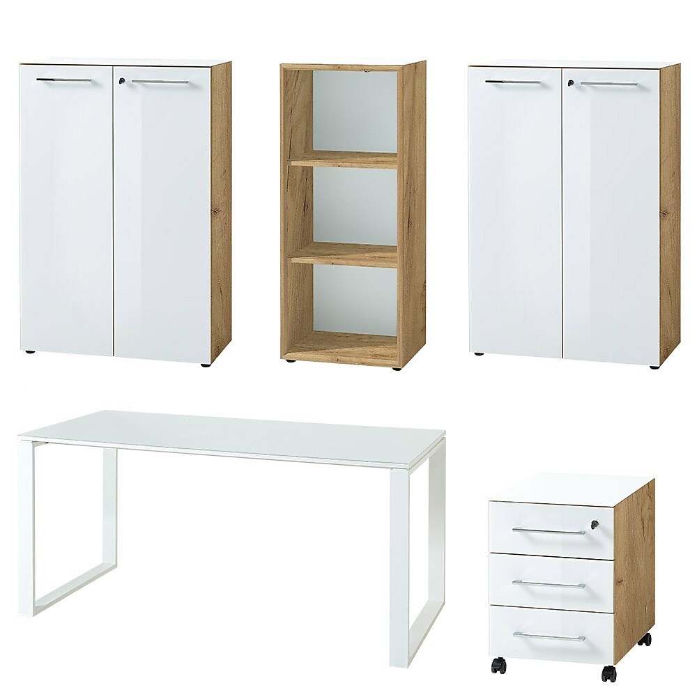 B&uuml;rom&ouml;bel Set 5-teilig Komplettb&uuml;ro | Schreibtisch, Container, 2 Schr&auml;nke, Regal | Glasfront, Soft-Close | Made in Germany | Chalet-Eiche-Nb./Wei&szlig; 