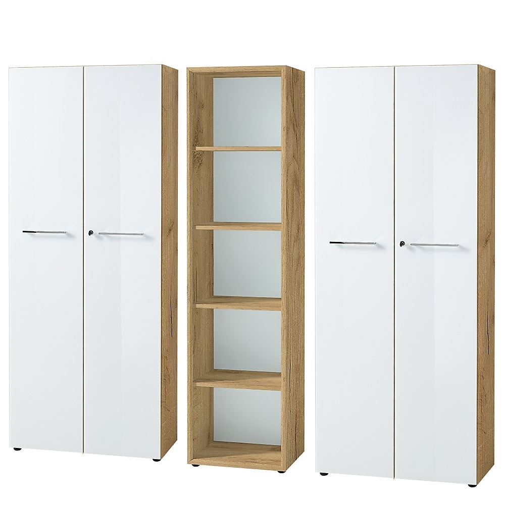 Aktenschrank Set 3-teilig Schrankwand | 5 Ordnerh&ouml;hen | 2 Schrank Abschlie&szlig;bar & Regal | Glasfront Soft-Close | Chalet-Eiche-Nb./Wei&szlig; Serie MUENCHEN 