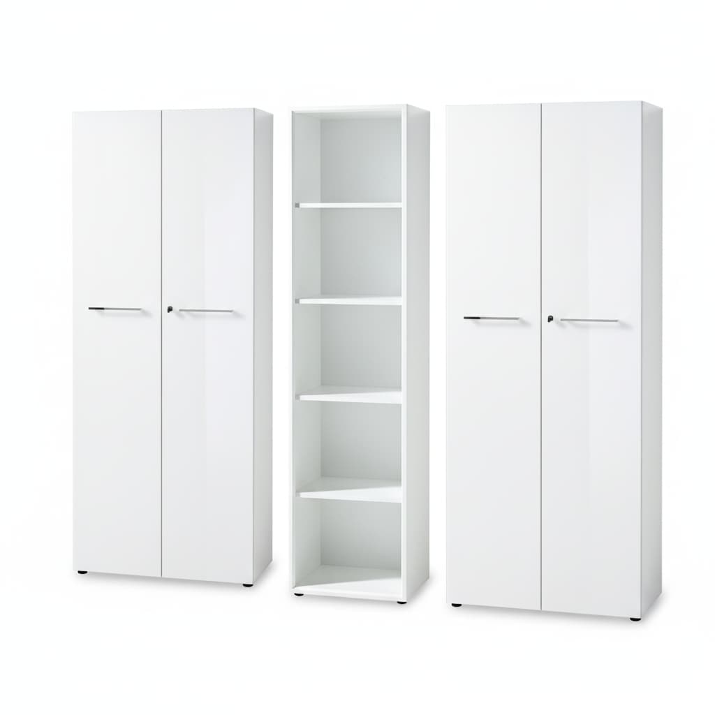 B&uuml;ro-Set MUENCHEN 3-teilig wei&szlig; | 240cm breit Glasfront | 2 Schrank Abschlie&szlig;bar & Regal 