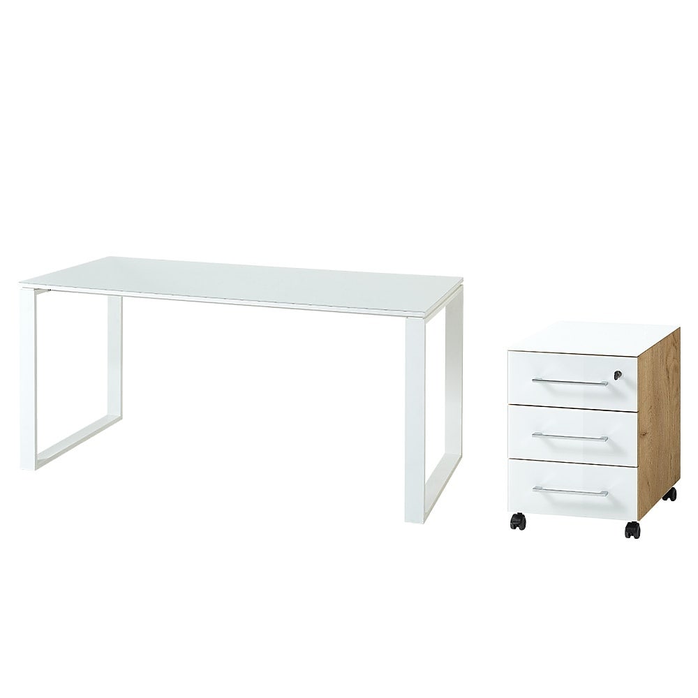 Schreibtisch Set MUENCHEN | 160x80cm Tisch & Container | Glasplatte Soft-Close Abschlie&szlig;bar | Chalet-Eiche-Nb./Wei&szlig; | Kadima Design 