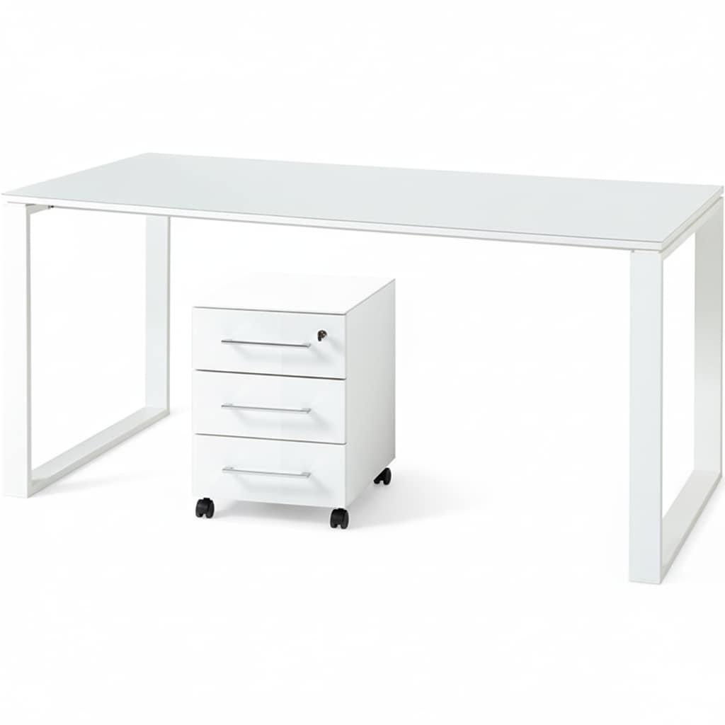 Schreibtisch Set 2-teilig mit Rollcontainer Wei&szlig; | 160x80 cm Tisch & Container | Glasplatte Soft-Close Abschlie&szlig;bar | Serie MUENCHEN Kadima Design 