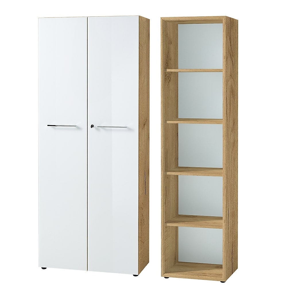 Aktenschrank Set 2-teilig MUENCHEN | 5 Ordnerh&ouml;hen | Schrank & Regal | Glasfront Soft-Close | Chalet-Eiche-Nb./Wei&szlig; | Made in Germany | Kadima Design 
