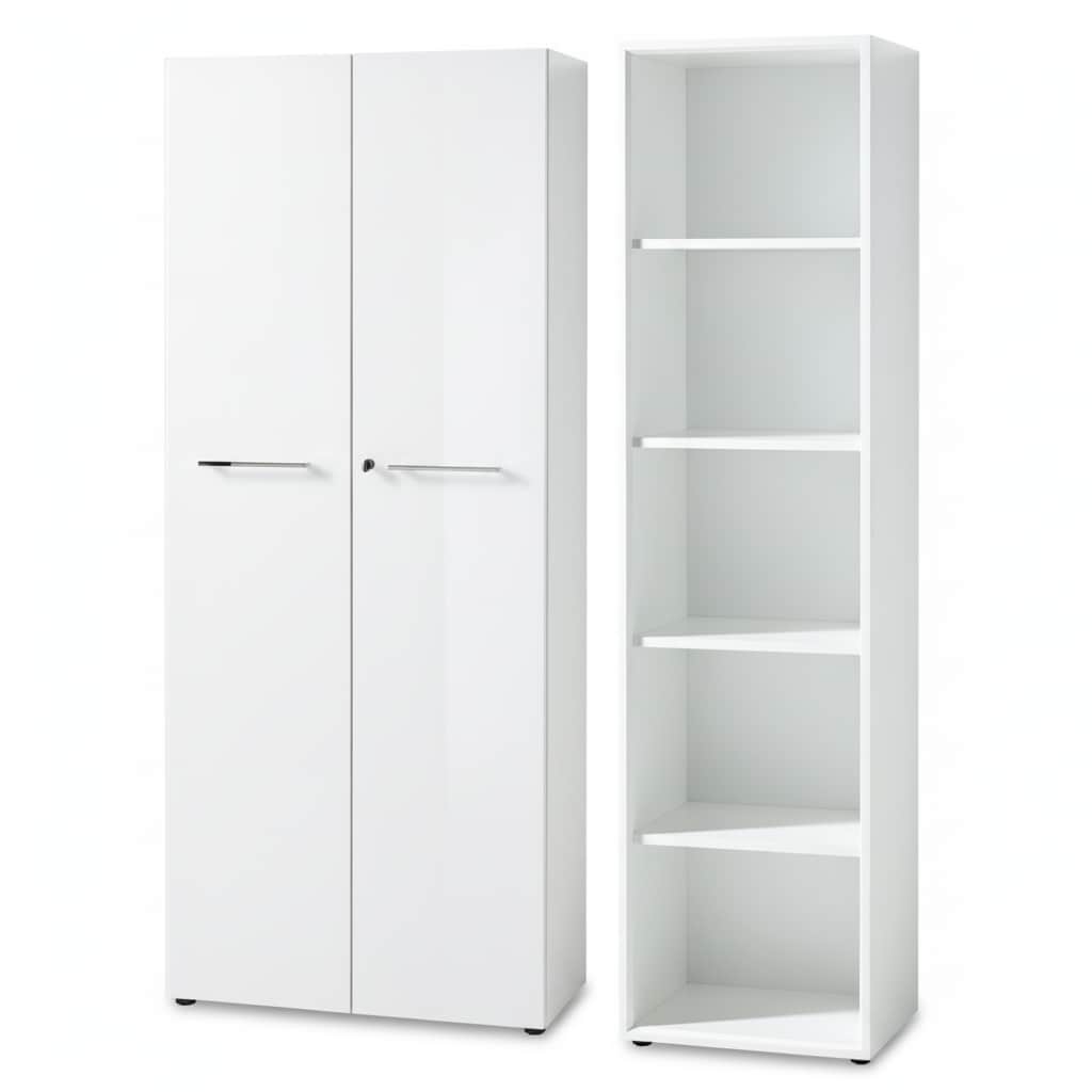 B&uuml;ro-Set MUENCHEN 2-teilig Wei&szlig; | Schrank & Regal 5 OH | Glas Front & Abschlie&szlig;bar 