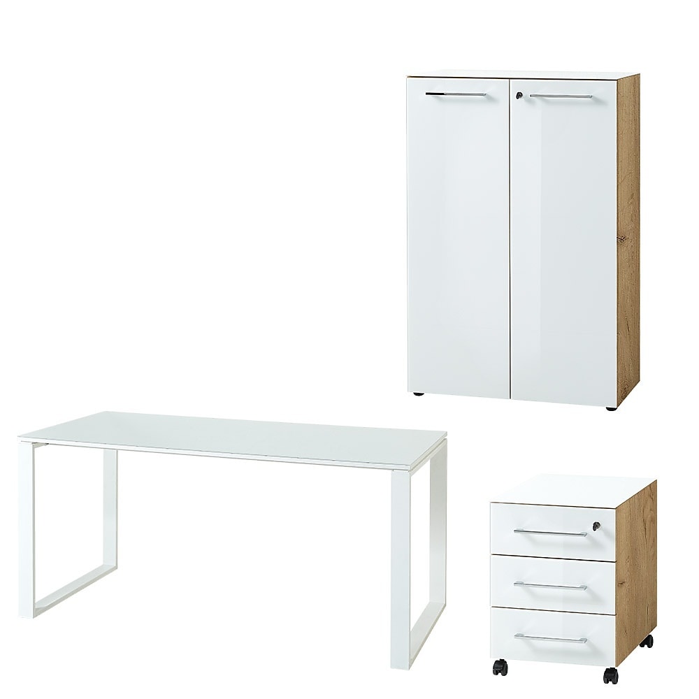 B&uuml;ro-Set MUENCHEN | Schreibtisch Aktenschrank Container | Glasplatte Soft-Close Abschlie&szlig;bar | Chalet-Eiche-Nb./Wei&szlig; | Made in Germany | Kadima Design 
