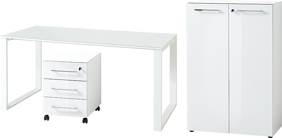 B&uuml;ro-Set 3-tlg Komplett MUENCHEN Wei&szlig; | Schreibtisch & Aktenschrank & Container | Glasplatte Soft-Close Abschlie&szlig;bar | Made in Germany | Kadima Design 