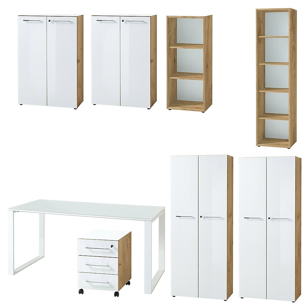 B&uuml;ro-Set 8-tlg Komplettb&uuml;ro MUENCHEN | Schreibtisch, 6 Schr&auml;nke, Container | Glasfront Soft-Close Abschlie&szlig;bar | Chalet-Eiche-Nb./Wei&szlig; | Kadima Design 