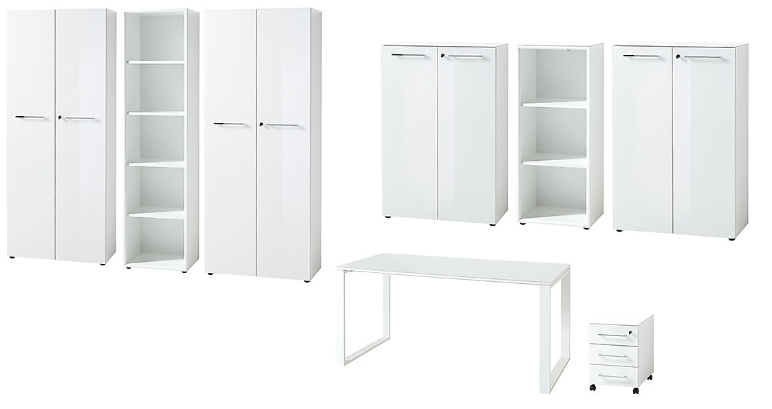 B&uuml;ro-Set MUENCHEN 8-teilig Wei&szlig; | Glas & Abschlie&szlig;bar & Soft-Close 