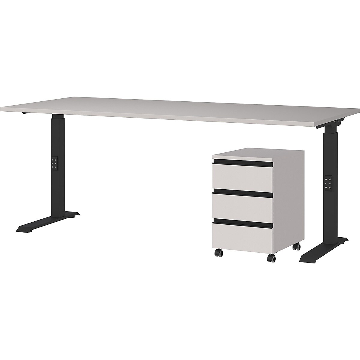 B&uuml;rom&ouml;bel Set 2-teilig | Schreibtisch 180x80cm & Rollcontainer Greige/Schwarz | Einstellbar 68-91 cm & Soft-Close 
