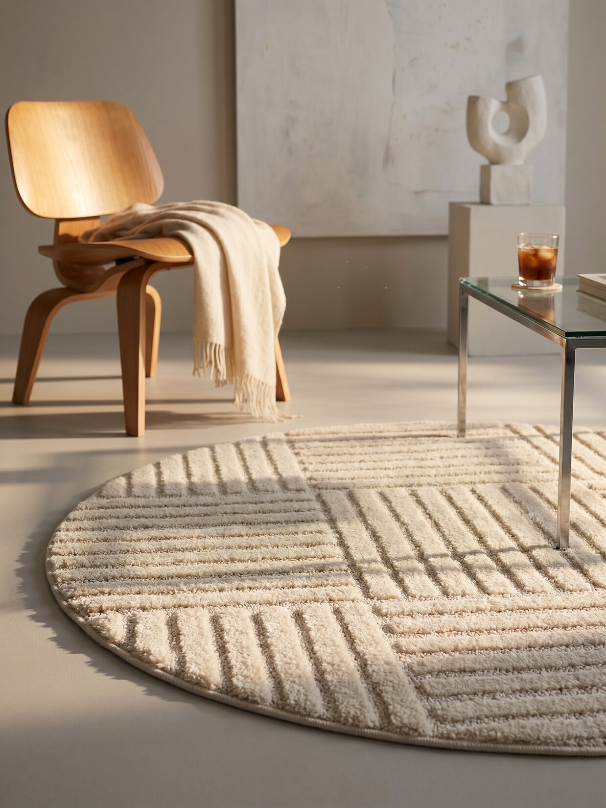 Hochflorteppich Cord-Streifen-Patchwork Creme 80x80 cm Waschbar
