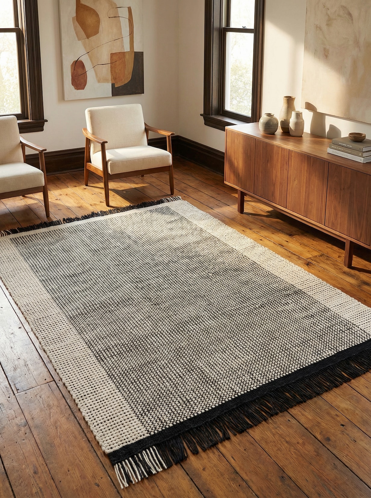 Wollteppich handgewebt mit Fransen PISA, geometrisch, Schwarz-Weiß, 120 x 170 cm