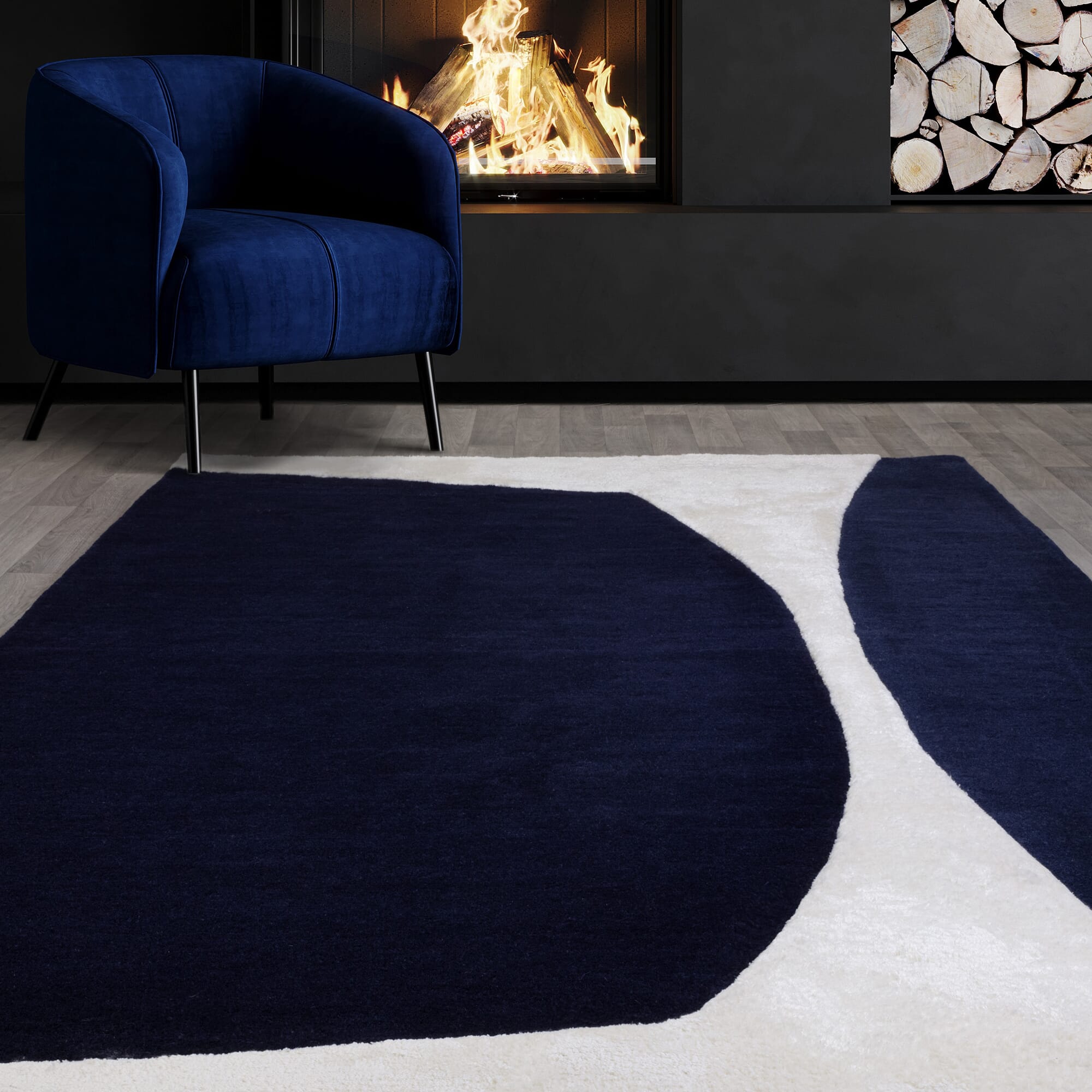 Wollteppich HULL-Tickton, abstrakt, Dunkelblau, 120 x 170 cm 