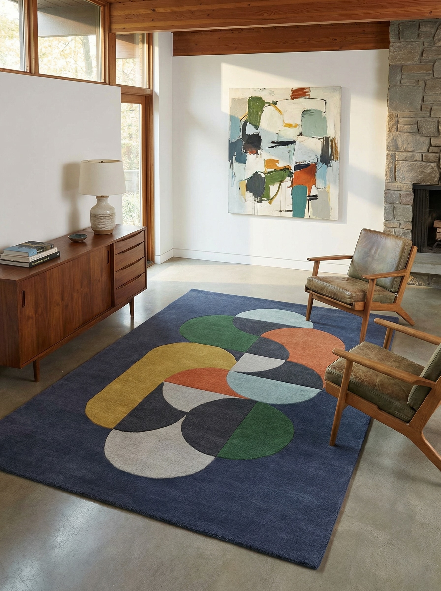 Wollteppich handgewebt HULL-Beverley, geometrisch, Dunkelblau, 160 x 230 cm 