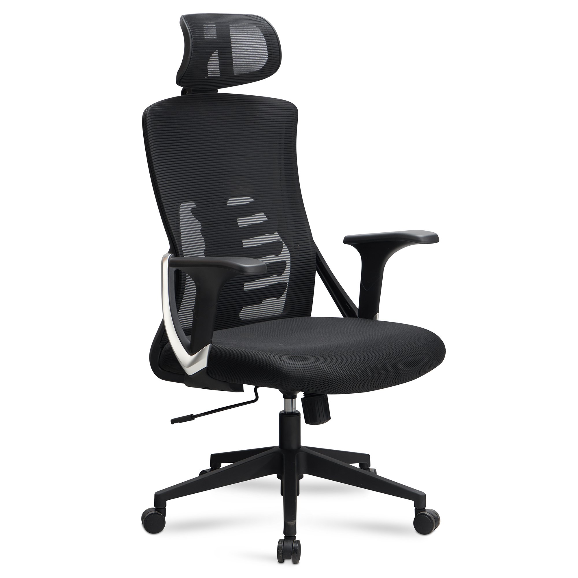 B&uuml;rostuhl Ergonomisch mit Mesh-Netzgewebe | 65x65x123 cm Drehbar | Schwarz-Silber | 4-Fach Lordose & Kopfst&uuml;tze | Astra Kollektion | Kadima Design 