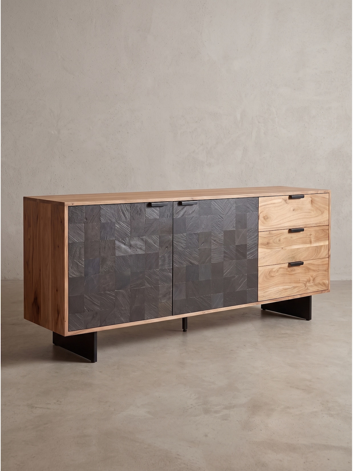 Kommode Akazie Massivholz Akazie-Schwarz 175x40x76 cm Kadima