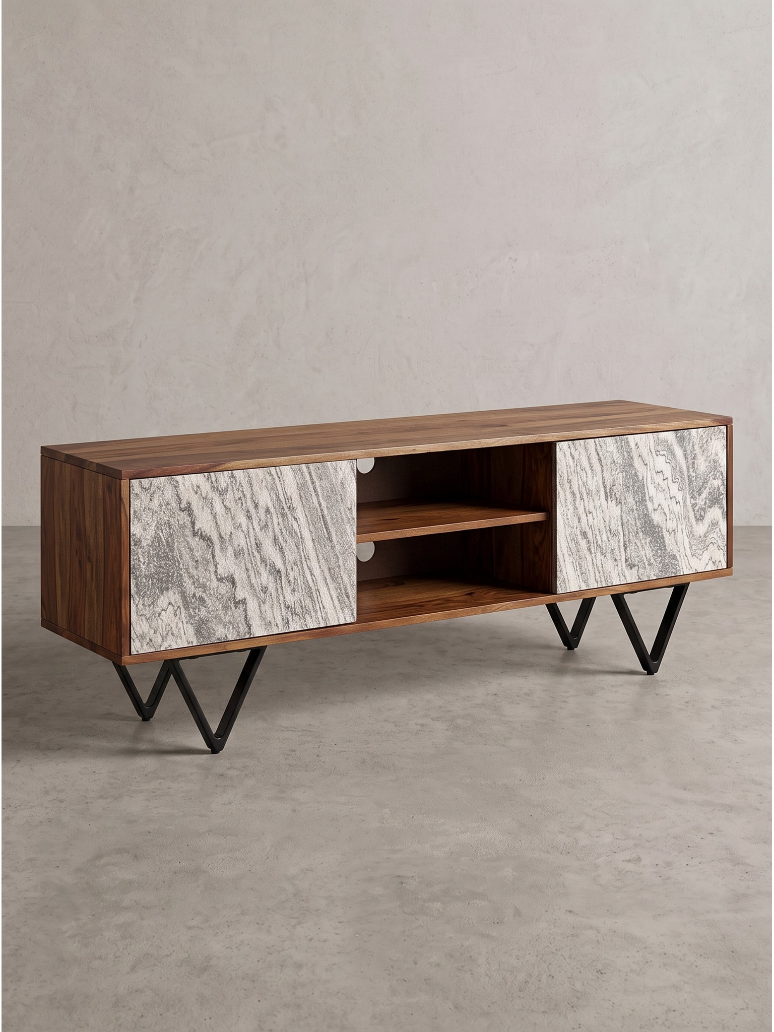 Lowboard Dunkles Massivholz Braun-Wei&szlig; 150x35x56 cm - AREZZO | Kadima 