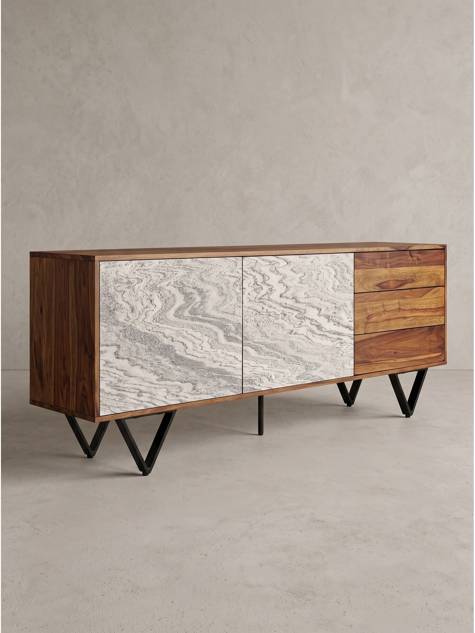 Kommode Dunkles Massivholz Braun-Wei&szlig; 175x40x71 cm - AREZZO | Kadima 