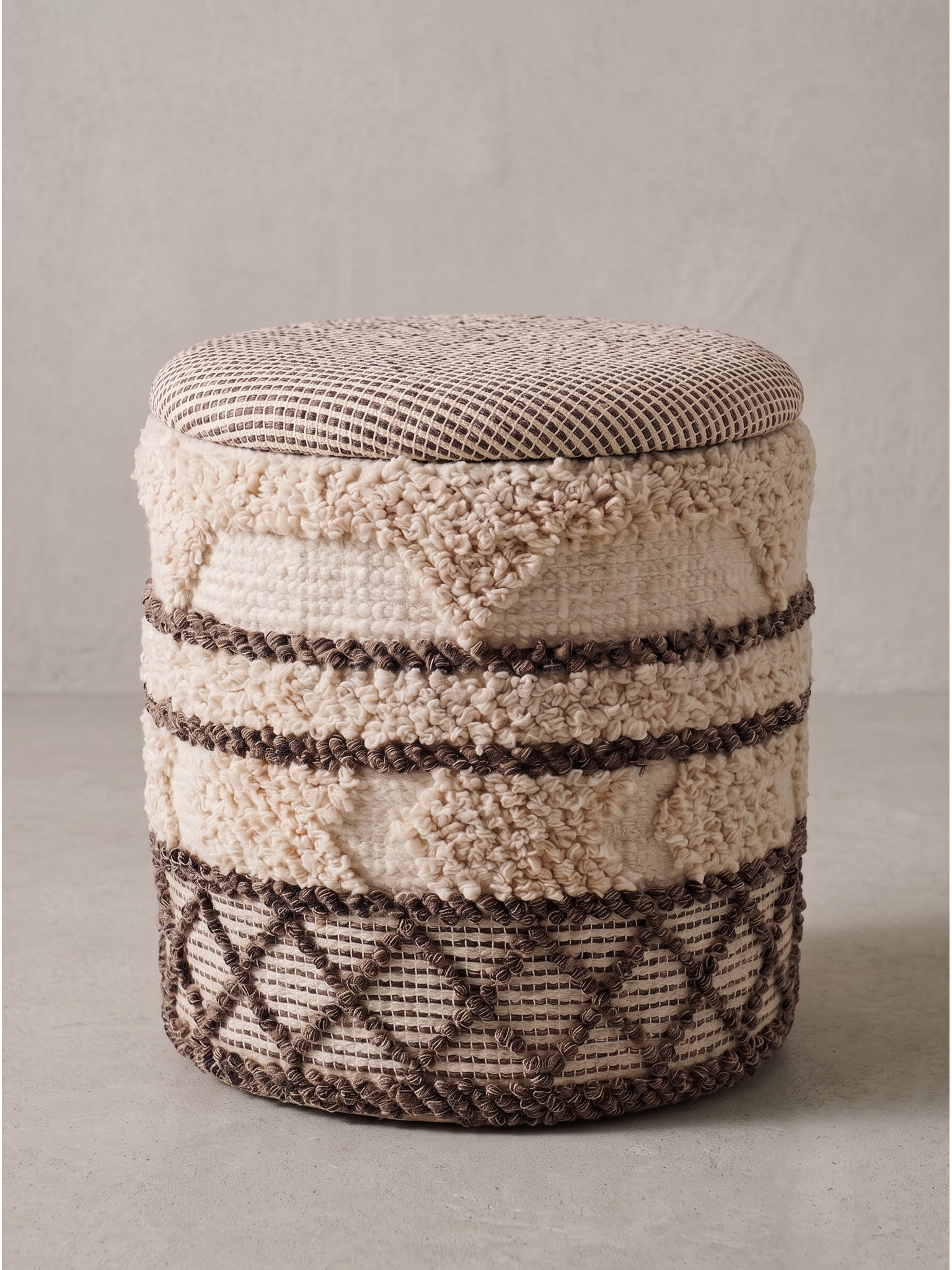 Sitzhocker Stoff mit Rauten Beige-Braun &Oslash; 40x45 cm - RHONE | Kadima 
