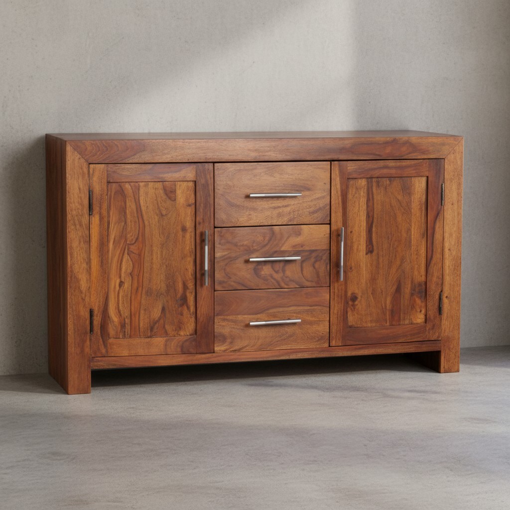 KADIMA DESIGN Elegantes Sideboard Sheesham, 3 Schubladen, 2 T&uuml;ren, Landhaus-Stil 