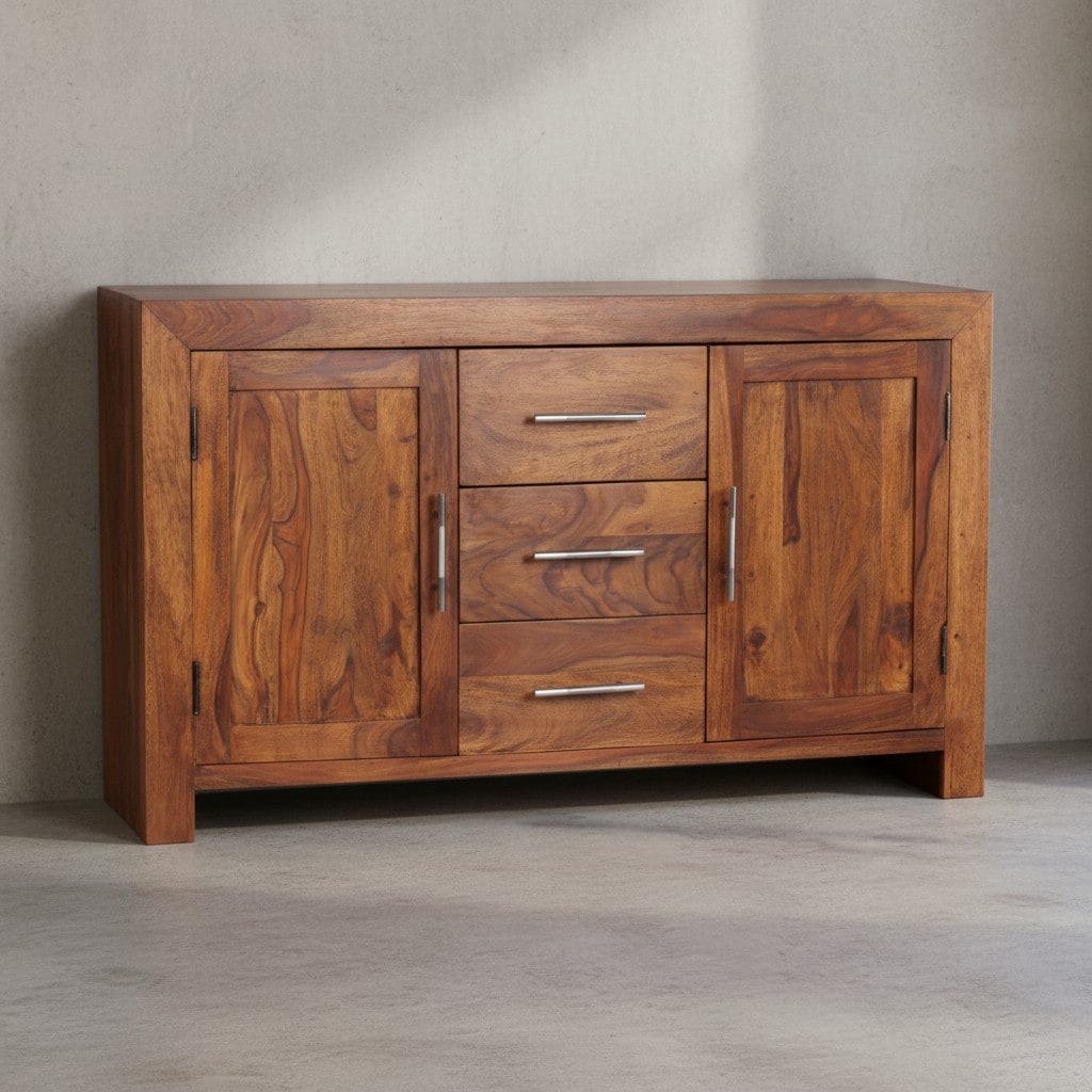 KADIMA DESIGN Elegantes Sideboard Sheesham, 3 Schubladen, 2 Türen, Landhaus-Stil