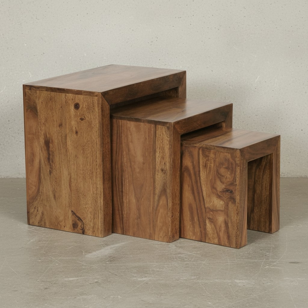 KADIMA DESIGN Satztisch Set: 3-teilig, Massivholz, platzsparend, handgefertigt, 45x50x30 cm, 37,5x37,5x28 cm, 30x25x25 cm.