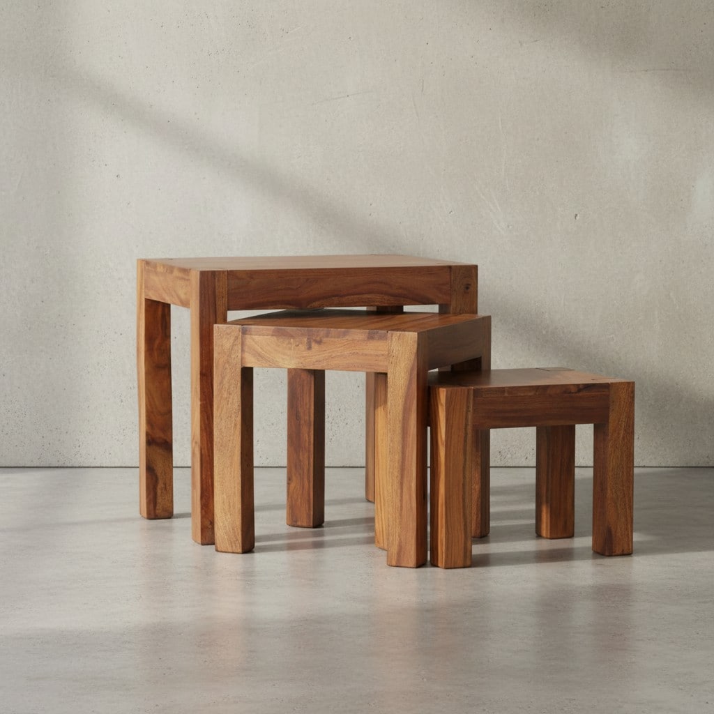 KADIMA DESIGN Holz Satztisch Set "NAKO": 3-teilig, Landhaus-Stil, Massivholz, platzsparend, 45x50x36 cm, 37x38x30 cm, 30x25x25 cm.