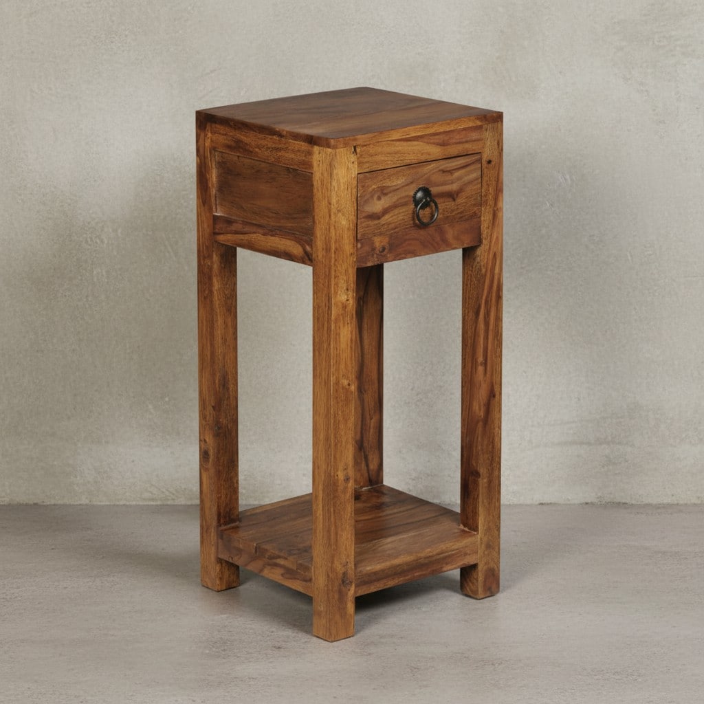 KADIMA DESIGN Massivholz Beistelltisch Sheesham, 30x30x68cm, mit Ablage und Schublade - Handgefertigt