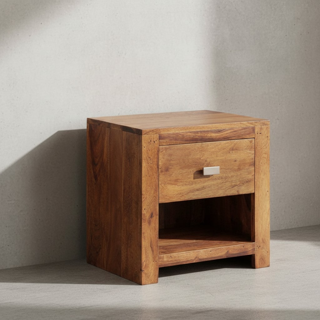 KADIMA DESIGN Rustikale Landhaus-Nachtkonsole aus massivem Sheesham-Holz, mit Ablagefläche und Schublade, eleganter chromfarbener Griff
