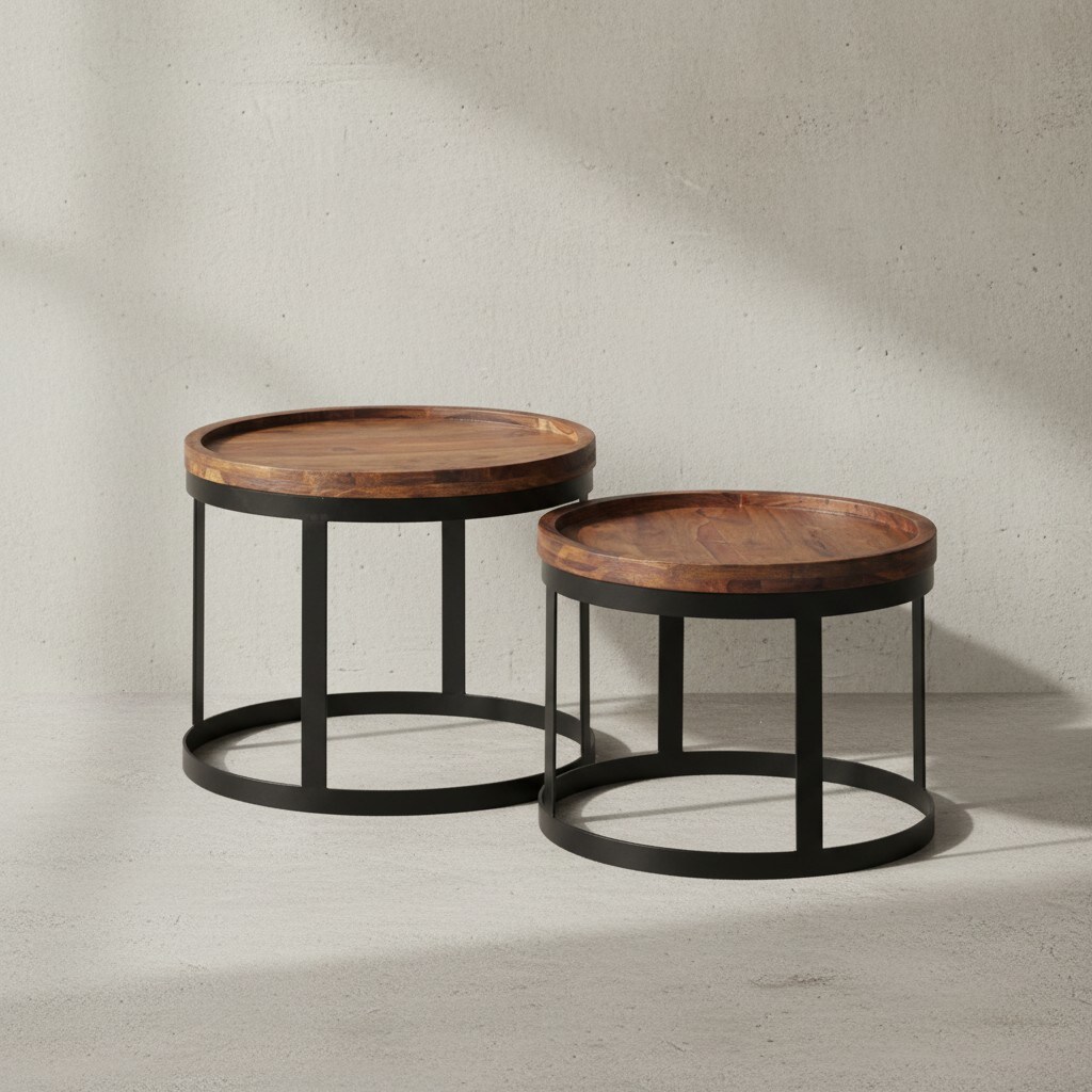 KADIMA DESIGN Beistelltisch-Set INDI: 2er Set, runde Tischplatten, Metallgestell, Massivholz, naturbelassen