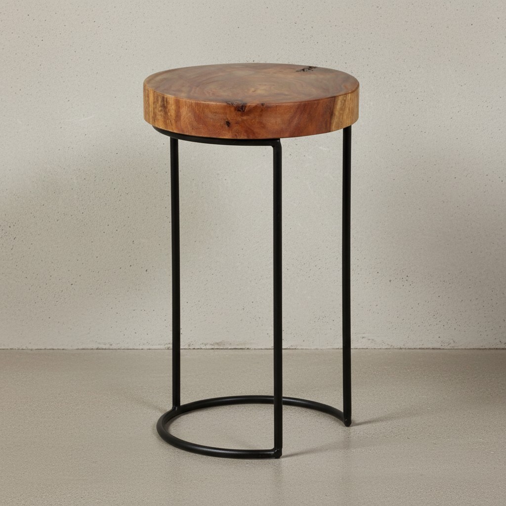 KADIMA DESIGN Beistelltisch INDI Massivholz: Baumstamm-Tischplatte, Metallgestell, Landhausstil, handgefertigt