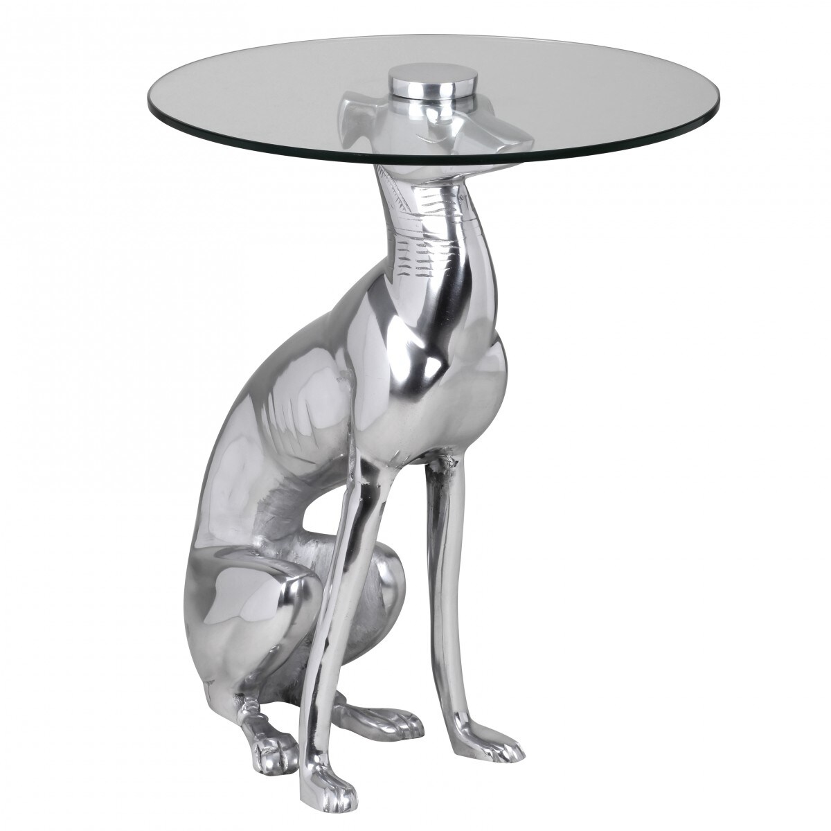 KADIMA DESIGN Windhund Skulptur Deko Beistelltisch, Aluminium/Glas - Handgefertigt, Einzigartig 