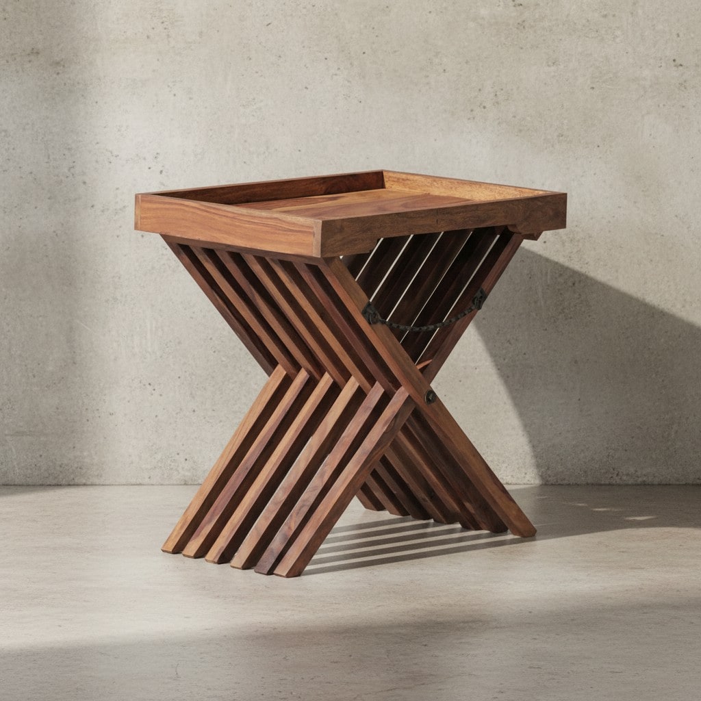 KADIMA DESIGN Massiver Sheesham-Holz Klapptisch, vielseitig einsetzbar, 60x57 cm, abnehmbares Tablett, ideal als Serviertablett