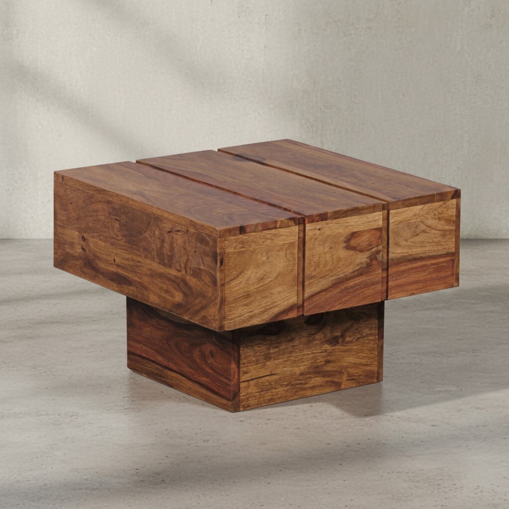 KADIMA DESIGN Beistelltisch SAAR: Massivholz, 44x44x30 cm, handgefertigtes Unikat, Sheesham/Akazie 