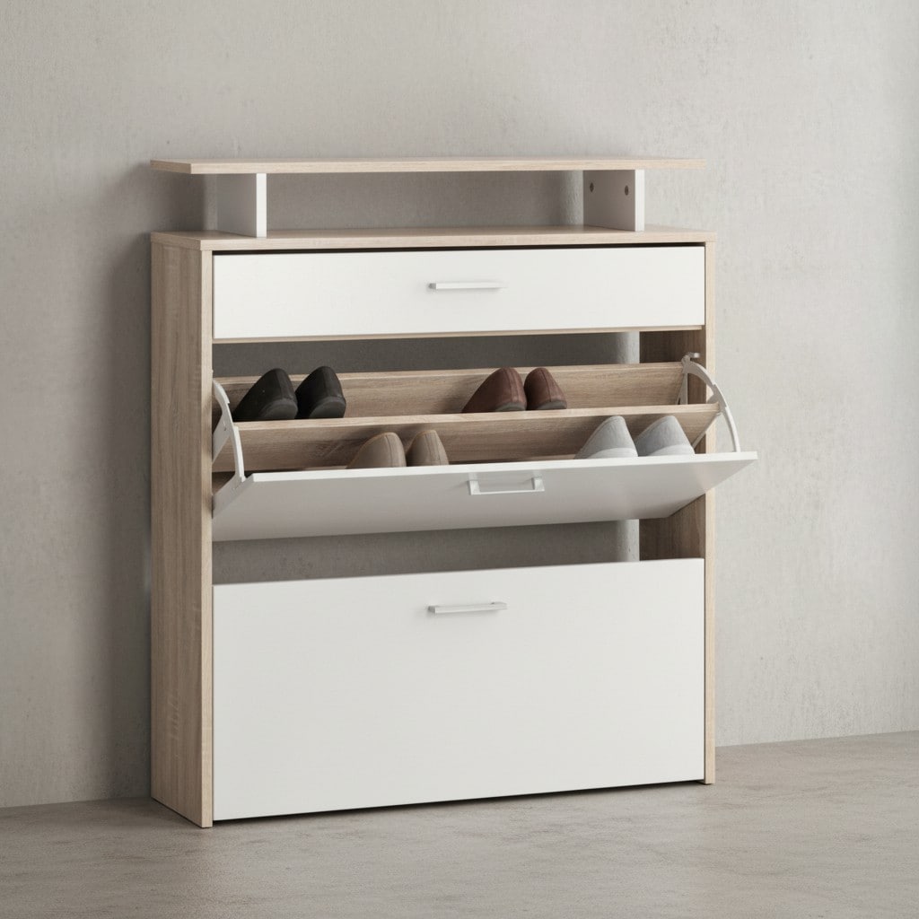 KADIMA DESIGN Schuhkipper mit Schublade - Sonoma Eiche, 4 Fächer, Großzügige Ablagefläche, Formschöne Griffe, MDF Holz, KADIMA DESIGN