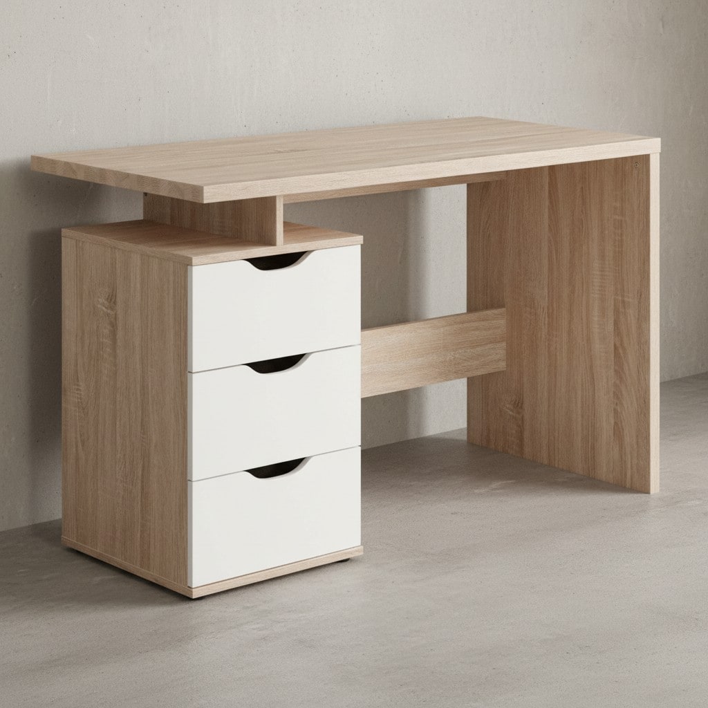 KADIMA DESIGN KARIN Schreibtisch in Sonoma Wei&szlig;, Stilvoller Computertisch mit 3 Schubladen, 120x76x53 cm 