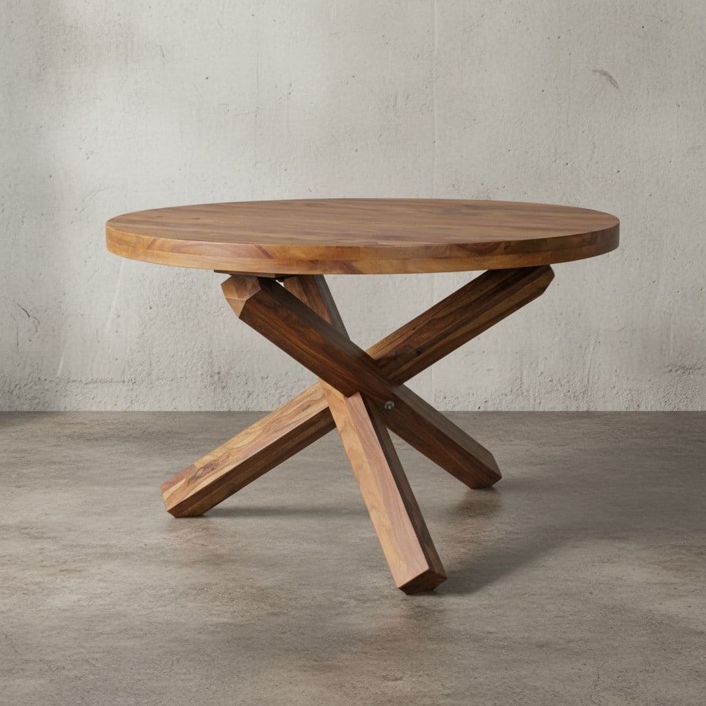 KADIMA DESIGN Esstisch TEKO: Massivholz Rund, 120 cm Durchmesser, Sheesham/Akazie Holz, Kreuzbeine, Handgefertigt 