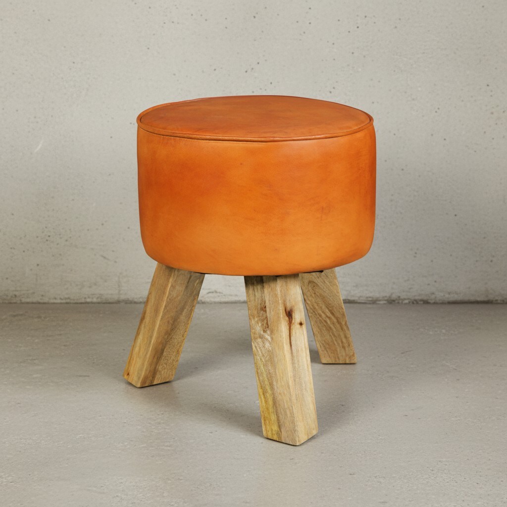 KADIMA DESIGN Country-Stil Sitzhocker, Ziegenleder, Holzgestell, 45 cm - Robust & Handgefertigt 
