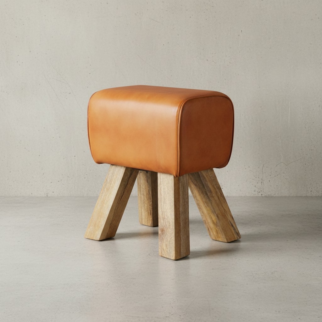 KADIMA DESIGN Retro Turnhocker aus Echtleder und Holz, stabil und luxuriös, handgefertigt